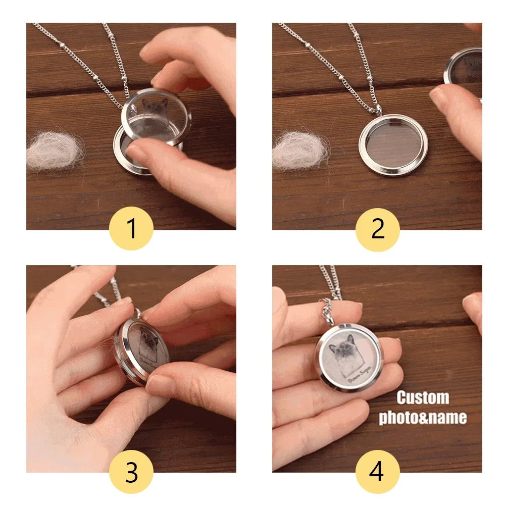 Custom Pet Fur Locket Urn Necklace with Photo & Name